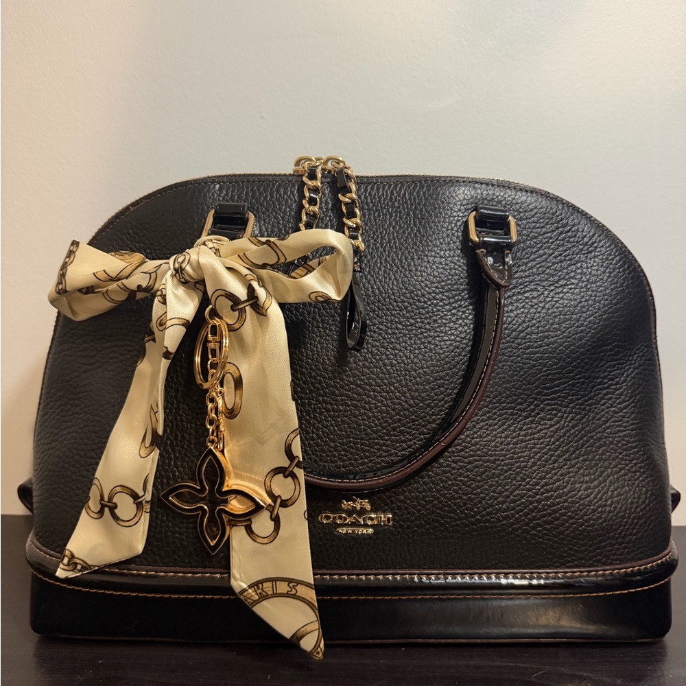 Coach Black Satchel with Cream Scarf Accent